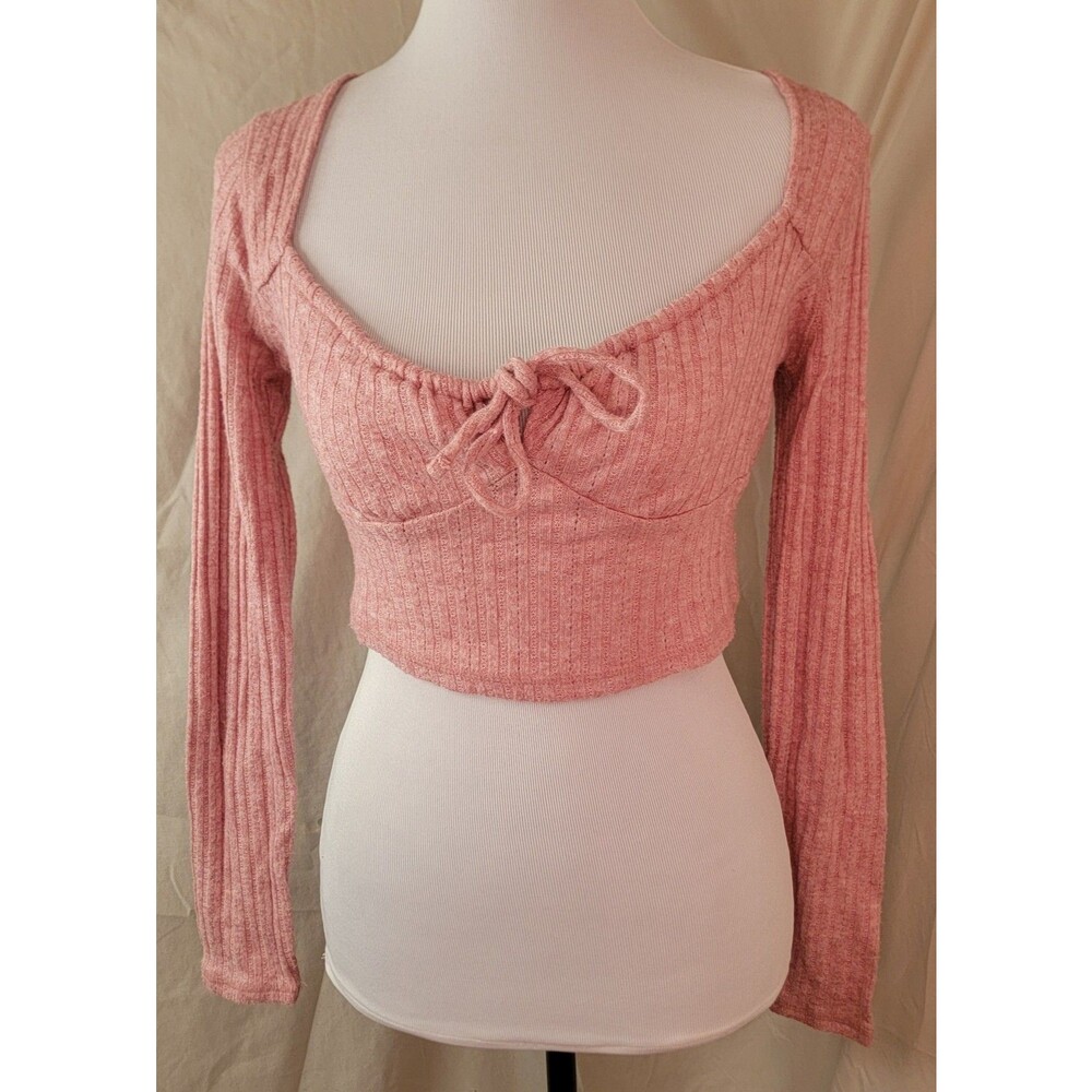 Aeropostale Women’s Medium Pink Ribbed Long Sleeve Tie Front Crop Top Scoop Neck